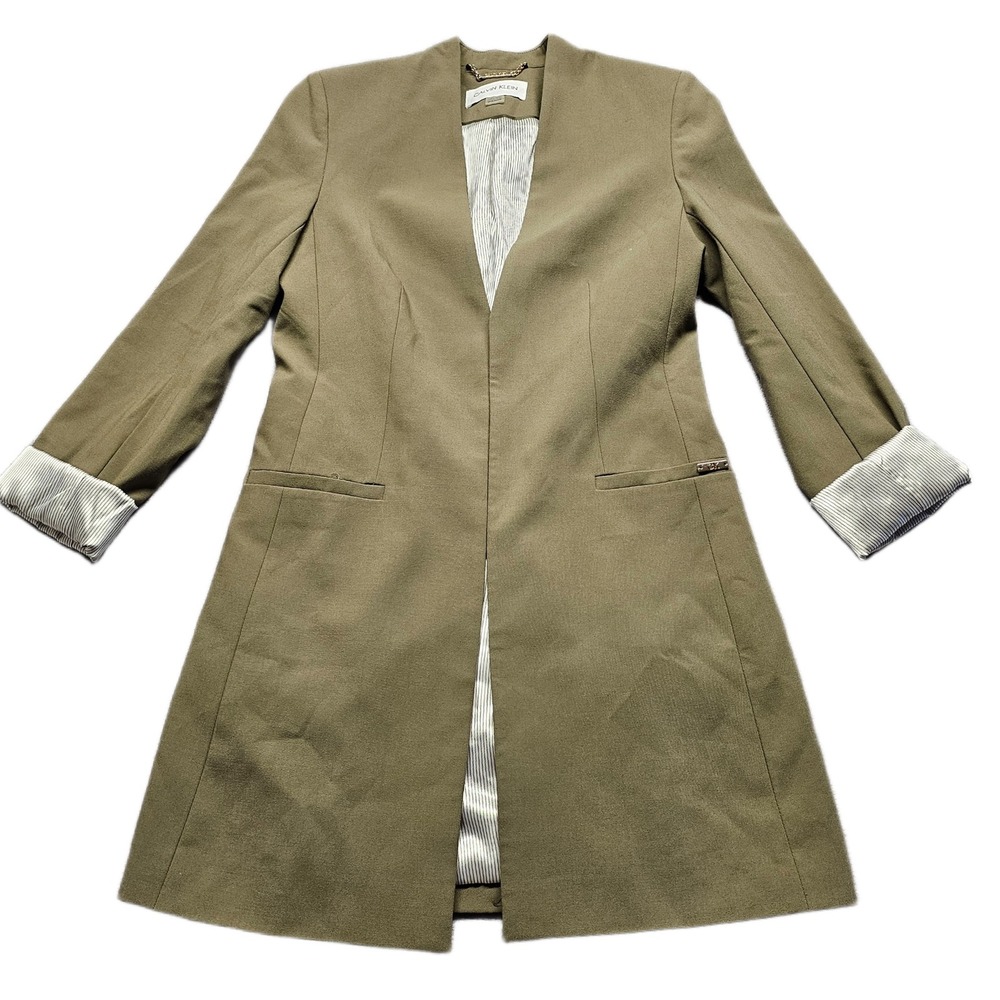 Calvin‎ Klein Longline Coat Womens 2P Green Long Sleeve Collarless Open Front